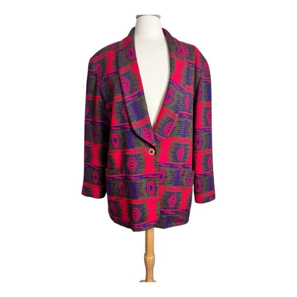 Vintage Joyce Blazer Jacket Women 16 Southwestern Aztec Red Purple Shawl Collar